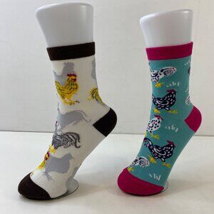 Unisex Crew Socks Set 2 Chicken Rooster Print White Teal Black Red